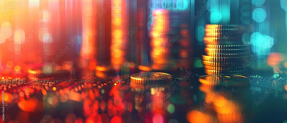 Obraz premium Double exposure of graph and rows of coins in soft color for finance and business concept