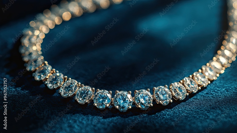 A high-angle shot of a radiant diamond necklace lying on a blue velvet surface, with soft lighting enhancing the sparkle of each diamond, symbolizing luxury A high-angle shot of a radiant diamond necklace lying on a blue velvet surface, with soft lighting enhancing the sparkle of each diamond, symbolizing luxury