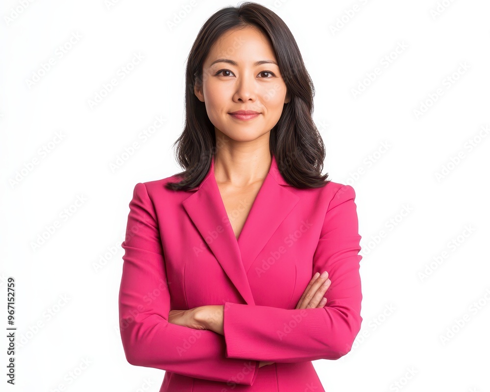 Asian professional woman in a bright business dress, standing politely with hands folded, pure white background Asian professional woman in a bright business dress, standing politely with hands folded, pure white background