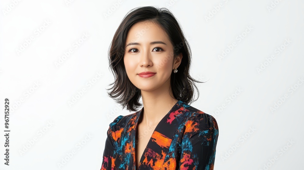 Asian working woman in a stylish vibrant dress, sitting in a meeting room, calm and polite expression, pure white background Asian working woman in a stylish vibrant dress, sitting in a meeting room, calm and polite expression, pure white background