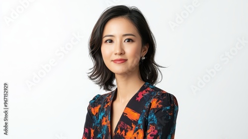 Asian working woman in a stylish vibrant dress, sitting in a meeting room, calm and polite expression, pure white background