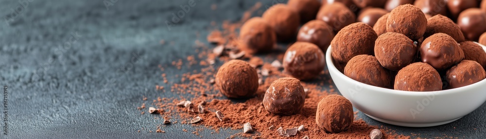Delicious cocoa truffles arranged artistically with cocoa powder on a textured surface, perfect for dessert lovers and gourmet creations. Delicious cocoa truffles arranged artistically with cocoa powder on a textured surface, perfect for dessert lovers and gourmet creations.