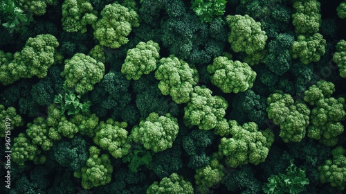 A high-angle shot of numerous broccoli florets, closely packed together, forming a natural green backdrop that symbolizes fresh and healthy food