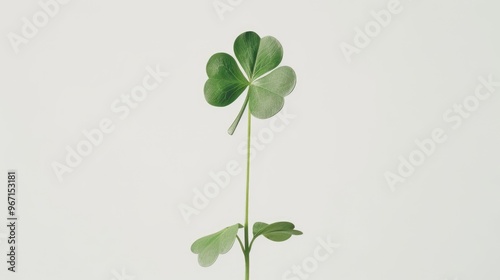 A single leafed plant in a small vase sits on a table