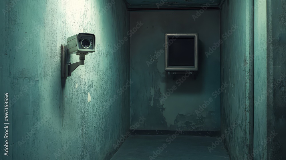 Dimly lit corridor with a grungy, abandoned look featuring a security camera and an old monitor on peeling green walls. Dimly lit corridor with a grungy, abandoned look featuring a security camera and an old monitor on peeling green walls.