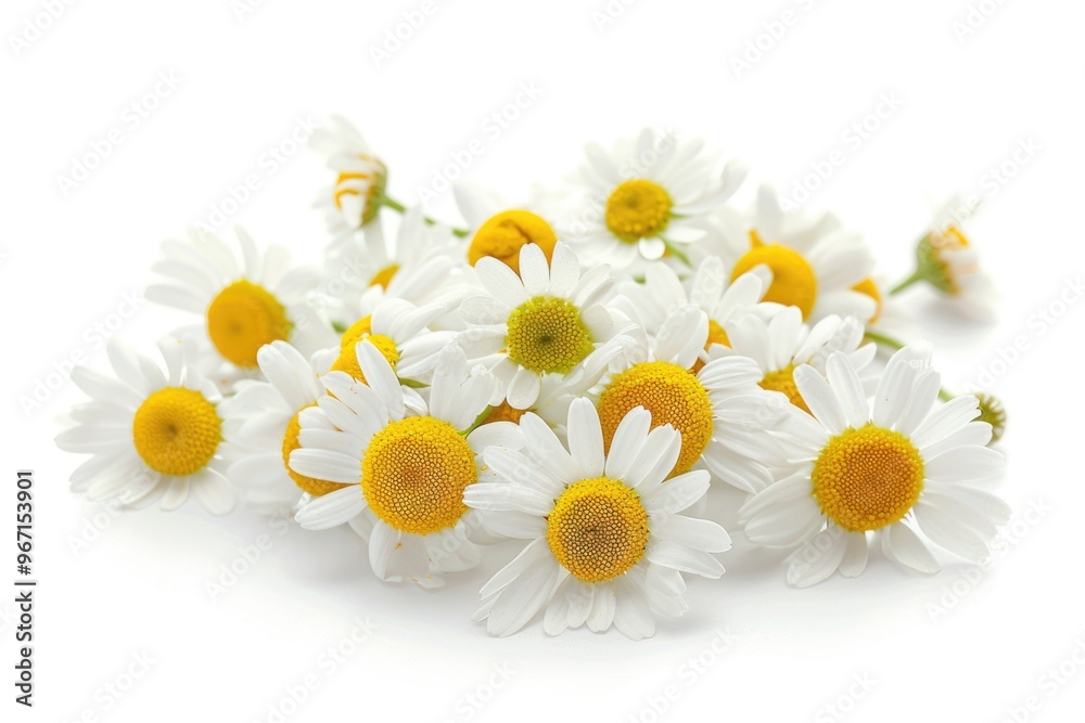Fototapeta premium A collection of white and yellow flowers arranged on a white surface