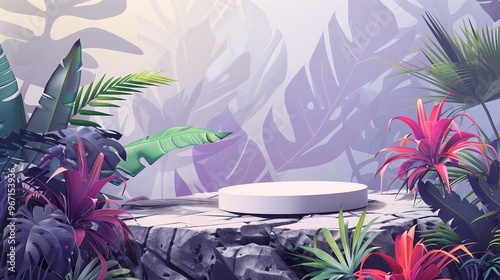 : A minimalist podium on a jagged rock formation, with vibrant tropical plants and an abstract background of geometric patterns and soft hues.