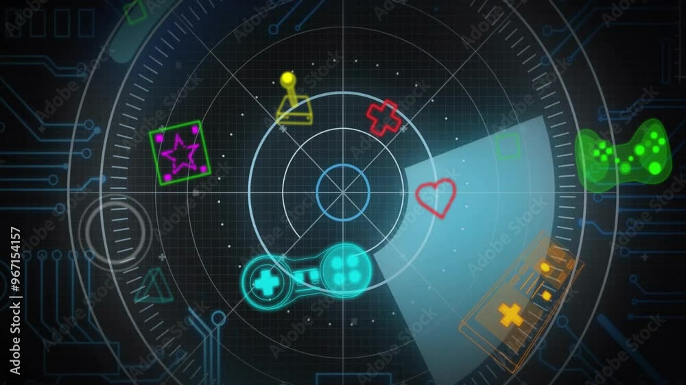 Animation of game icons over scope scanning on black background Animation of game icons over scope scanning on black background