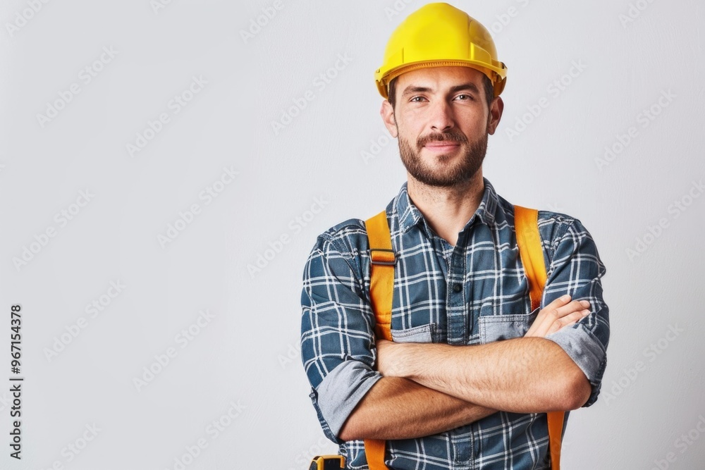 A construction worker stands with his arms crossed, wearing a hard hat and likely waiting for instructions or considering the task at hand A construction worker stands with his arms crossed, wearing a hard hat and likely waiting for instructions or considering the task at hand
