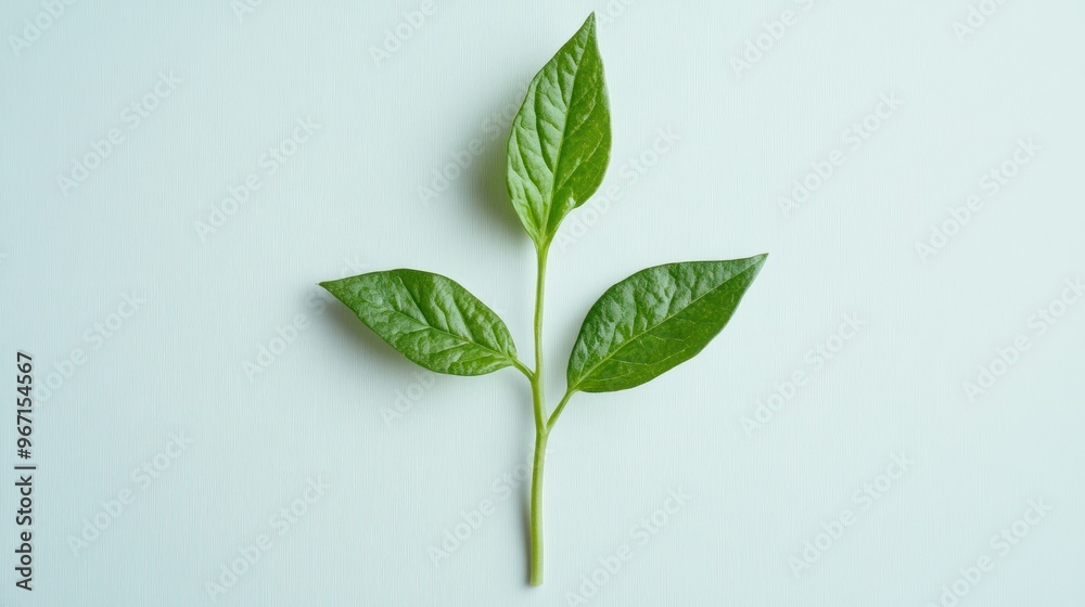 Fototapeta premium Three Green Leaves on a Single Stem Against a Light Blue Background