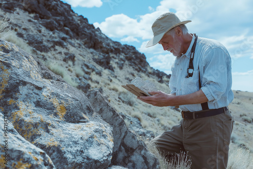 skilled geologist examining rock samples in a rugged landscape photo