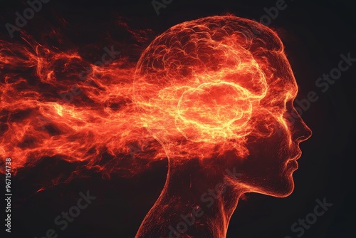 Neuroarchitecture brainwave focus cognitive focus and synaptic plasticity silhouette of a person with fiery hair visualizing thought energy and creative expression photo