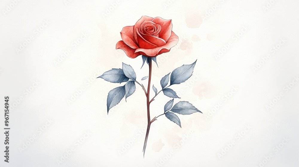 Vivid Watercolor Illustration of a Lush Red Rose in Full Bloom with Soft Petals and Foliage Details Vivid Watercolor Illustration of a Lush Red Rose in Full Bloom with Soft Petals and Foliage Details