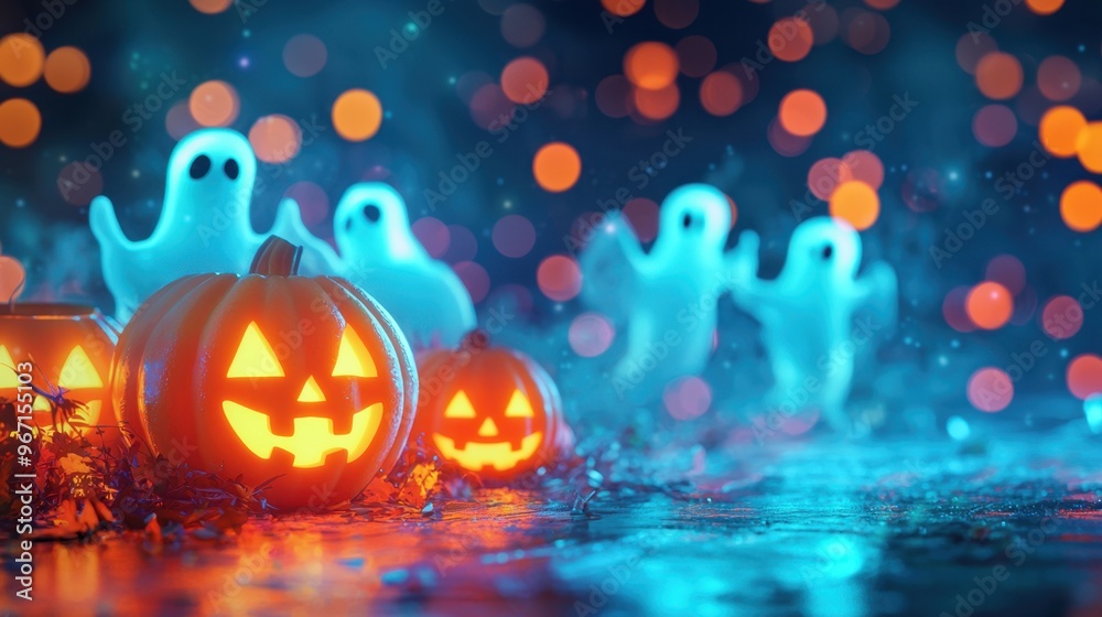Halloween Pumpkins with Ghosts and Blue Lights. Halloween Pumpkins with Ghosts and Blue Lights.
