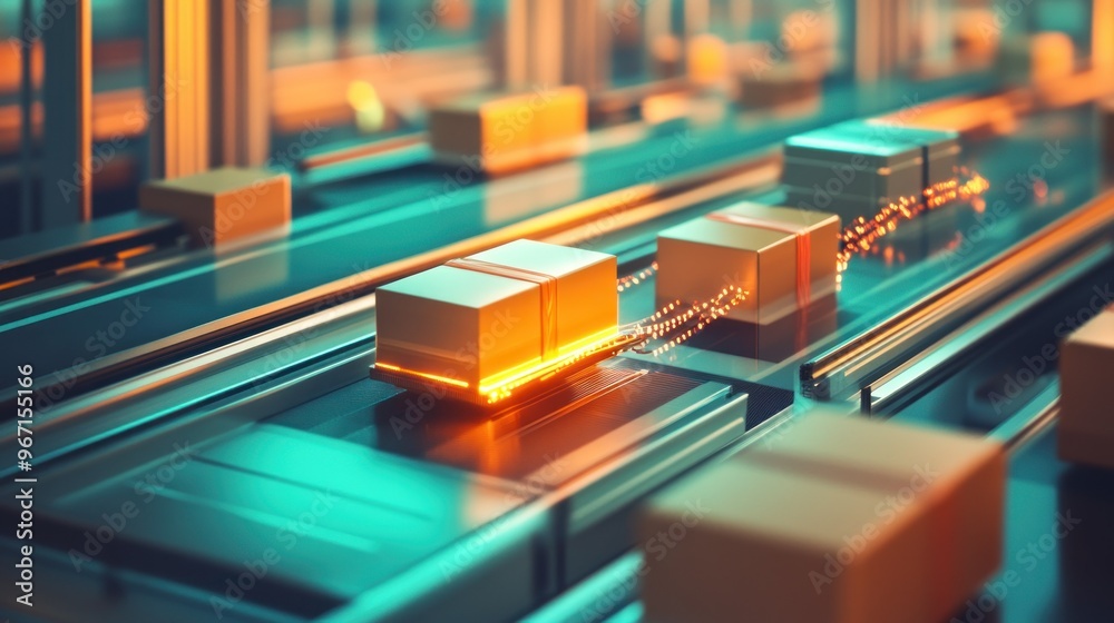 Gold Boxes Moving on a Conveyor Belt with Bright Orange Lights Gold Boxes Moving on a Conveyor Belt with Bright Orange Lights