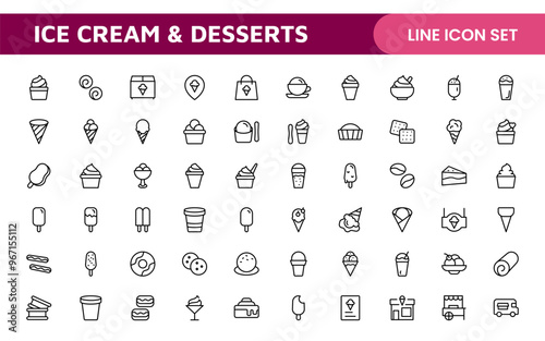 Delicious Ice Cream and Desserts Icons: A Sweet Collection for Menu Design, Recipe Apps, Bakery Projects, and Dessert Shops with Creative, Mouth-Watering Visuals photo