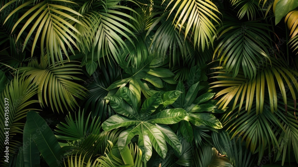 A dense group of green leaves in a lush jungle setting A dense group of green leaves in a lush jungle setting