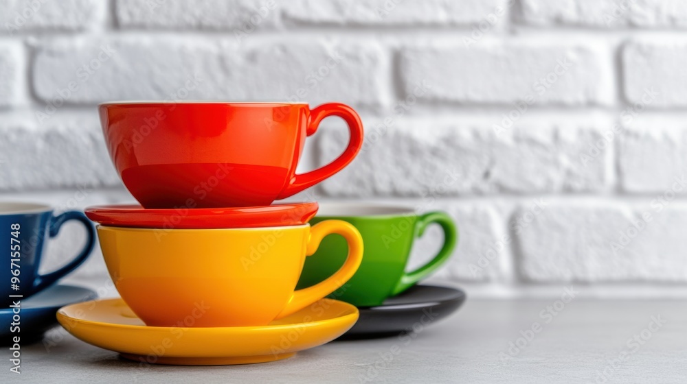 A stack of three colorful cups on saucers in front of a brick wall, AI
