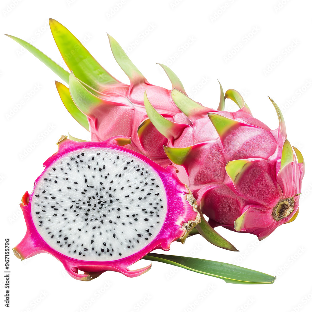 Freshly sliced dragon fruit alongside whole fruit with vibrant pink skin and green leaves in a bright setting Freshly sliced dragon fruit alongside whole fruit with vibrant pink skin and green leaves in a bright setting