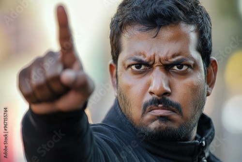 Man with a stern and angry expression pointing his finger directly at the camera, expressing strong emotion and possibly accusation or command.