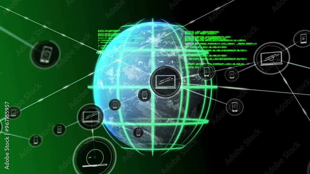 Animation of network of connections with electronic device icons over globe Animation of network of connections with electronic device icons over globe