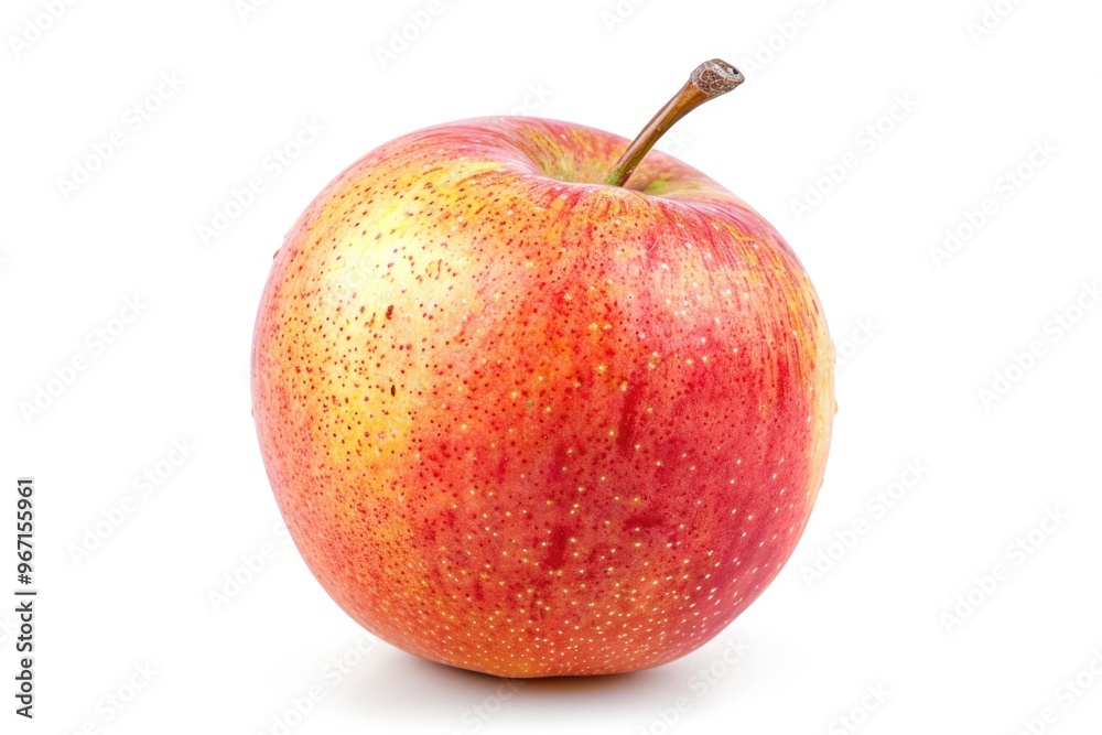 A single red and yellow apple sits on a white surface, perfect for food photography or still life compositions A single red and yellow apple sits on a white surface, perfect for food photography or still life compositions