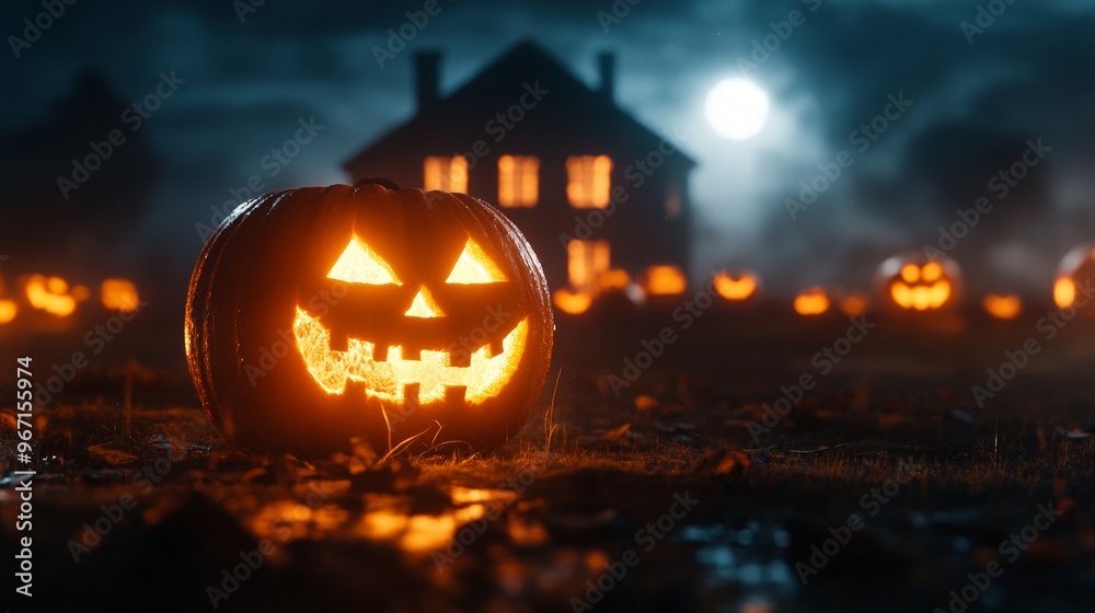 Spooky mansion surrounded by carved pumpkins, bats in silhouette against a glowing full moon, dark night sky, neon lights, surreal, high contrast Spooky mansion surrounded by carved pumpkins, bats in silhouette against a glowing full moon, dark night sky, neon lights, surreal, high contrast