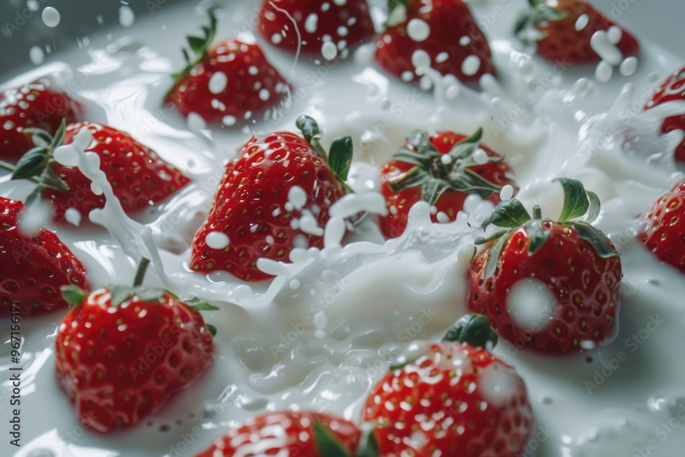 A close-up view of fresh strawberries floating in a bowl of milk A close-up view of fresh strawberries floating in a bowl of milk