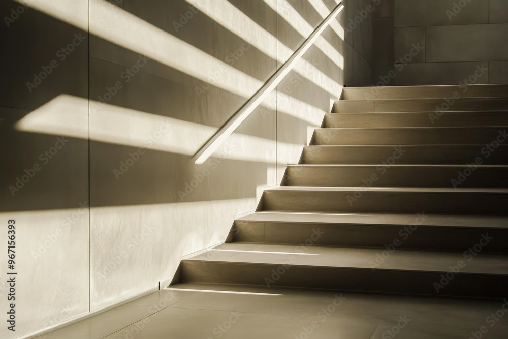 A clean and minimalistic image of a modern staircase bathed in sunlight. The geometric design and shadows create a striking visual effect that is both elegant and contemporary. A clean and minimalistic image of a modern staircase bathed in sunlight. The geometric design and shadows create a striking visual effect that is both elegant and contemporary.