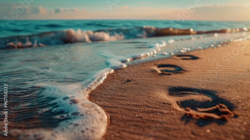 Footprints in wet sand with gentle ocean waves approaching, captured at sunset, evoking tranquility and a peaceful seaside atmosphere.. photo