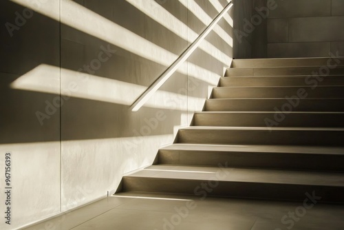 A clean and minimalistic image of a modern staircase bathed in sunlight. The geometric design and shadows create a striking visual effect that is both elegant and contemporary.