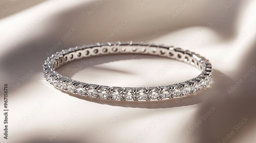 A single diamond bracelet placed on a smooth white backdrop, with reflections highlighting the beauty and craftsmanship A single diamond bracelet placed on a smooth white backdrop, with reflections highlighting the beauty and craftsmanship
