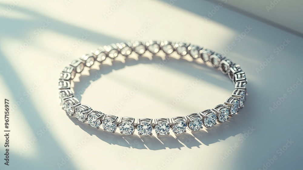 A single diamond tennis bracelet laid flat on a bright white surface, with soft shadows adding depth to the luxurious jewelry A single diamond tennis bracelet laid flat on a bright white surface, with soft shadows adding depth to the luxurious jewelry