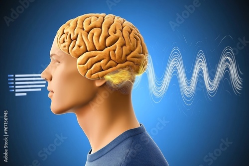 Sensory amplification cognitive impulses synaptic communication and perceptual focus human head with orange brain visualizing thought waves and auditory communication photo