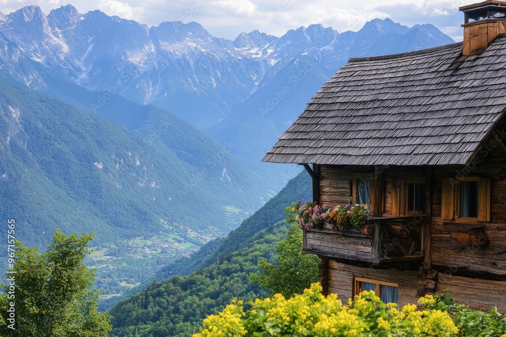 This image showcases a picturesque wooden cabin with a flower-adorned balcony, set against a breathtaking backdrop of lush green hills and towering mountain peaks. This image showcases a picturesque wooden cabin with a flower-adorned balcony, set against a breathtaking backdrop of lush green hills and towering mountain peaks.