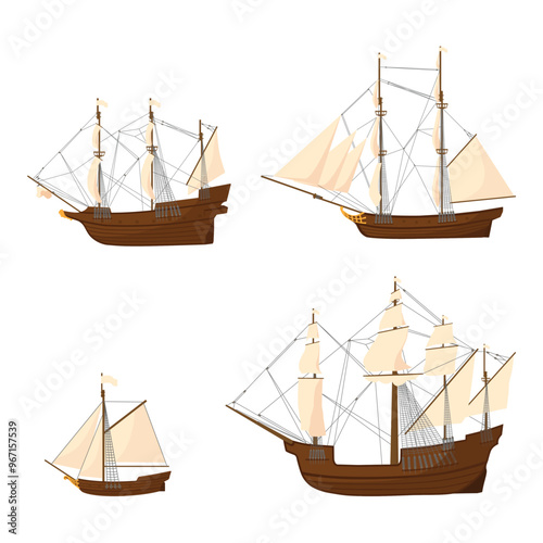 Old wooden ship vector icon set. Adventure voyage. Water transport. Sailing ship, wind sail boat pirate frigate warship longboat, traditional ancient sailboat sea galleon.