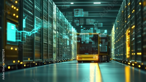 Yellow Truck Driving Through a Server Room with Digital Data Projections photo