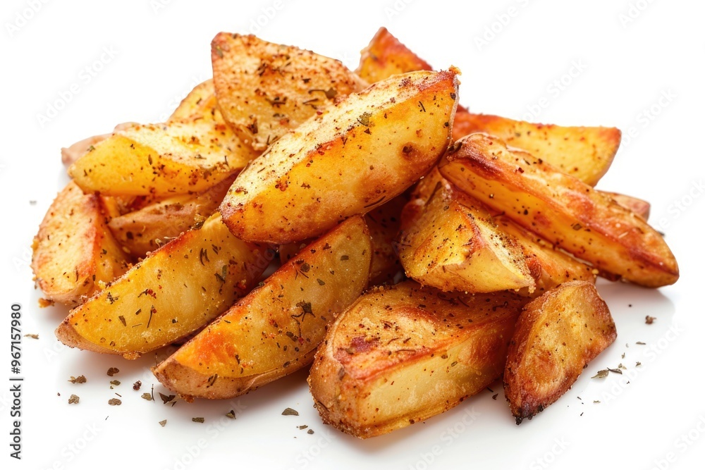 Freshly prepared seasoned potatoes arranged on a clean white surface Freshly prepared seasoned potatoes arranged on a clean white surface