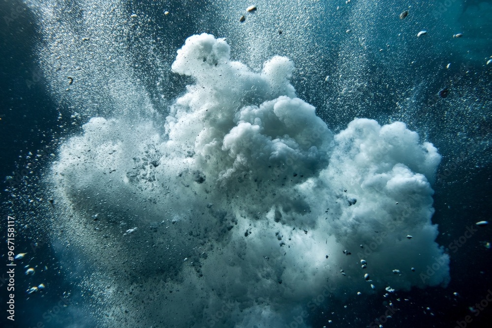 Obraz premium An underwater scene featuring a dramatic bubble ascending through dark blue water, creating a captivating visual effect with the interplay of light and bubbles.