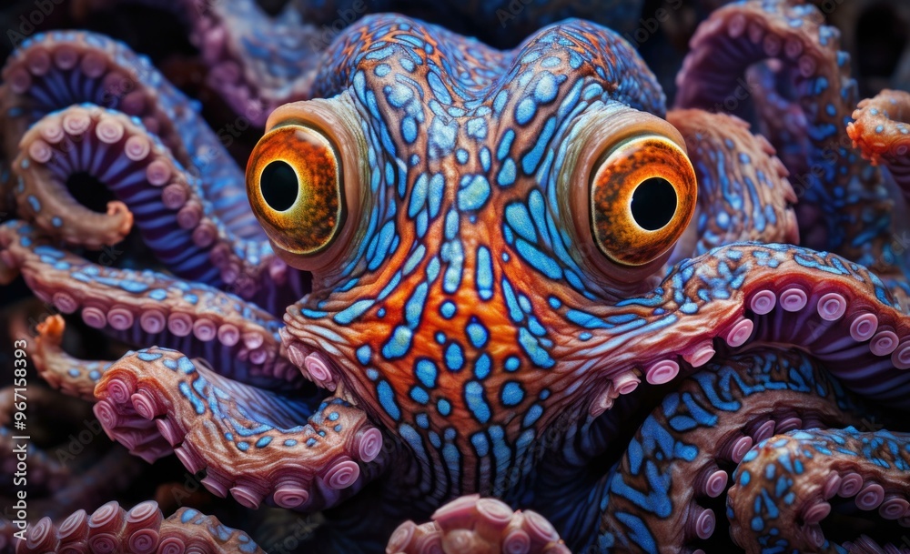 A close-up of an octopus's eye and tentacles. AI. A close-up of an octopus's eye and tentacles. AI.