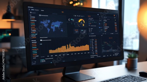 Modern Risk Management Dashboard with Global Data Analytics and Financial Metrics on Computer Screen in Office