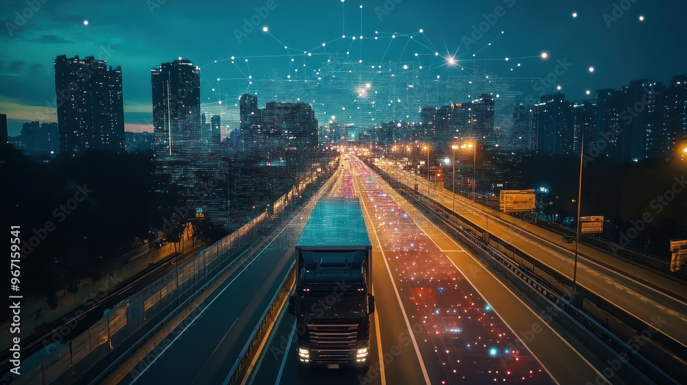 Fototapeta premium Semi-Truck Driving Through a City at Night with Digital Network Overlays