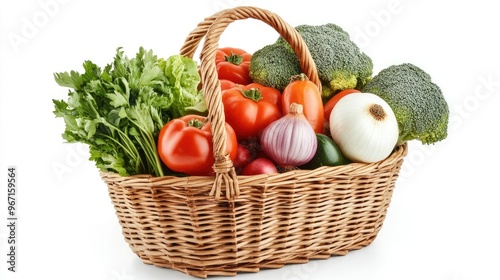 A wicker basket packed with garden-fresh vegetables: broccoli, tomatoes, onions, and peppers, isolated on a pure white studio background
