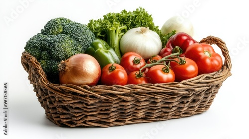 A wicker basket packed with garden-fresh vegetables: broccoli, tomatoes, onions, and peppers, isolated on a pure white studio background