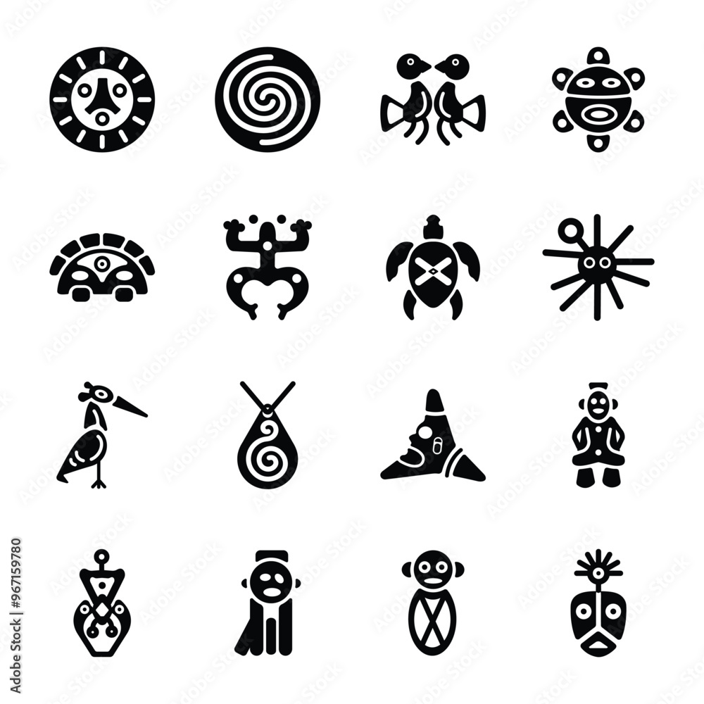 Collection of 16 Taino Symbols Solid Icons 


