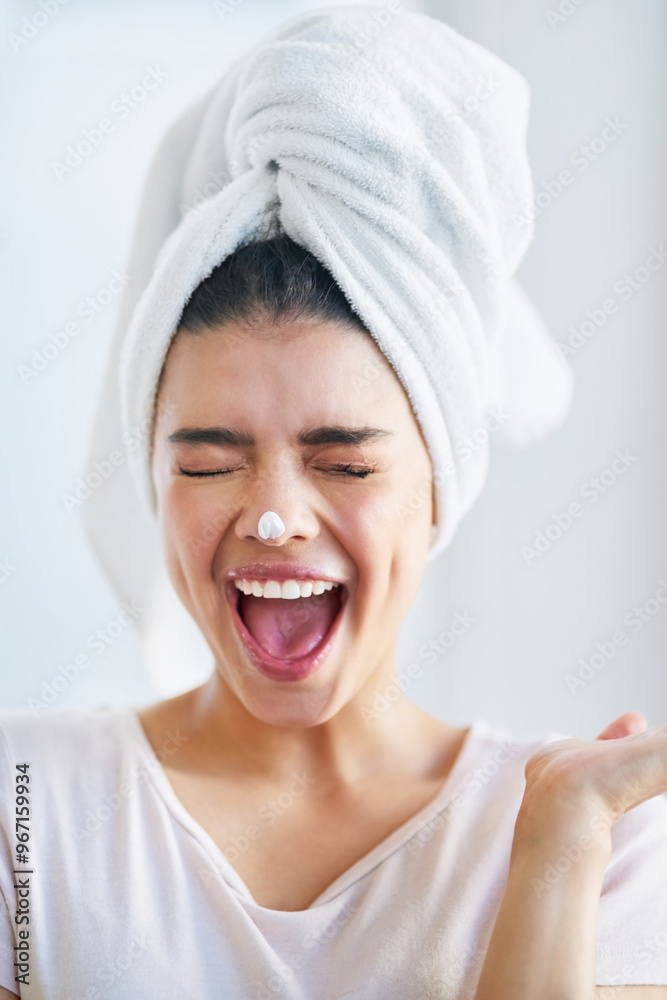 Beauty, face and lotion with excited woman in bathroom of home for morning skincare routine. Cream, energy and nose with happy person in towel at apartment for antiaging cosmetics or dermatology Beauty, face and lotion with excited woman in bathroom of home for morning skincare routine. Cream, energy and nose with happy person in towel at apartment for antiaging cosmetics or dermatology