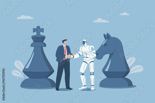 Business leaders join hands with robots, Human resource and AI strategy collaboration, Collaborative strategy for mutual success, Planning for important collaboration for the company.