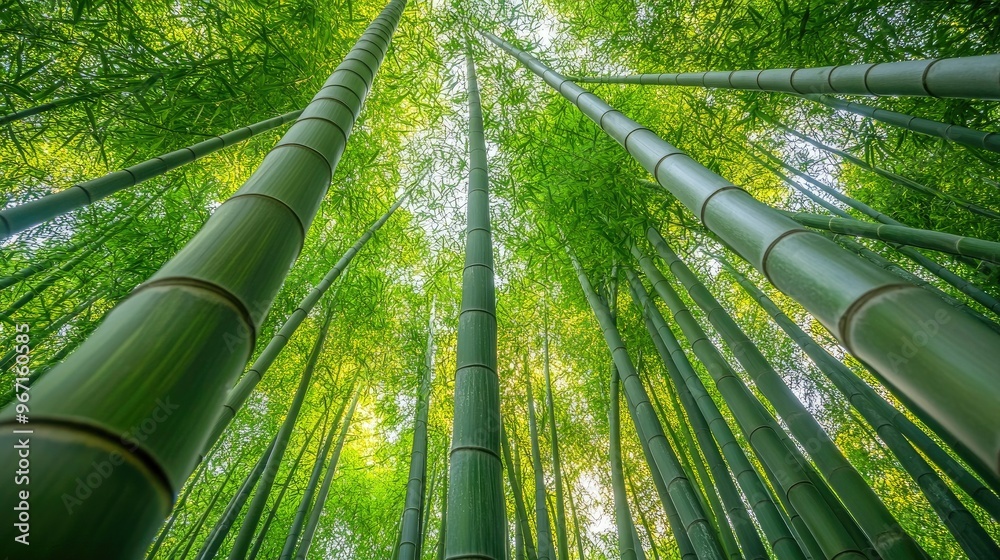 Bamboo stalks tower over the viewer, captured from the forest floor in a low-angle shot, emphasizing their height as they reach for the sky Bamboo stalks tower over the viewer, captured from the forest floor in a low-angle shot, emphasizing their height as they reach for the sky