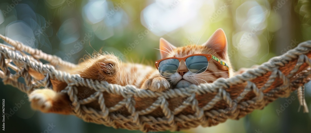 Cheerful 3d illustration, the cat relaxes in a hammock. Cat in sunglasses Cheerful 3d illustration, the cat relaxes in a hammock. Cat in sunglasses