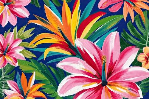 Vibrant Tropical Flower Art with Bold Brushstrokes on Colorful Background